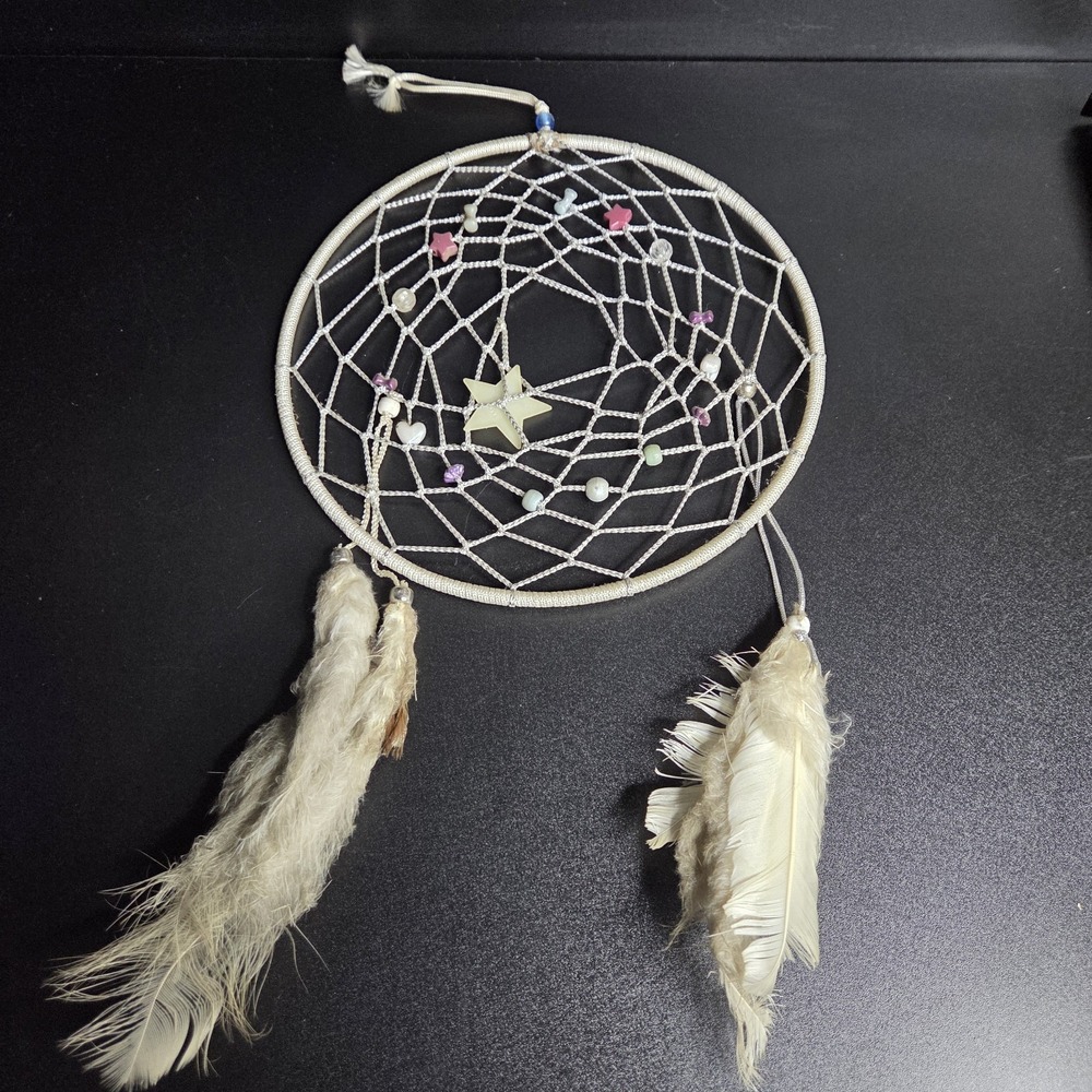 White Dreamcatcher Wall Hanging Beaded Star Feather Boho Decor